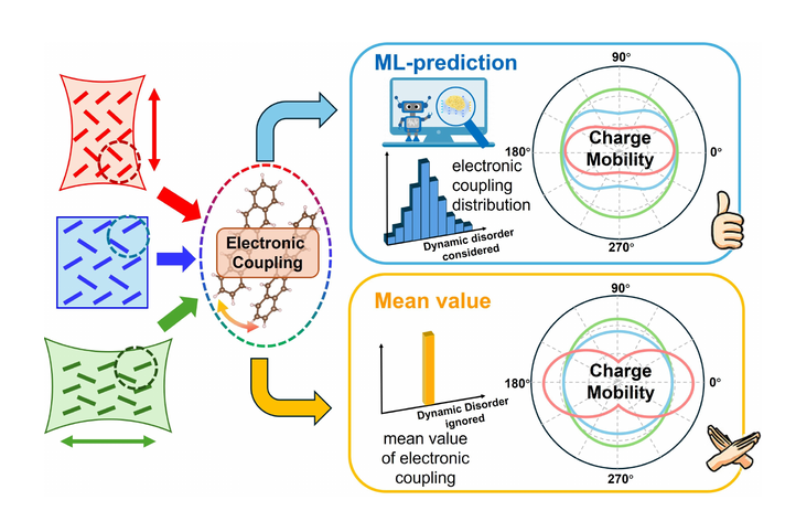 Machine-learning analysis of electronic coupling and charge mobility in stretched polymer semiconductors